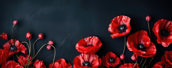 Blooming poppies flowers on black background, memorial day concept. Horizontal banner - obrazy, fototapety, plakaty