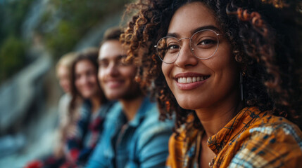 A group of young friends hanging out and spending time together. A woman wearing glasses. University students or young workmates.