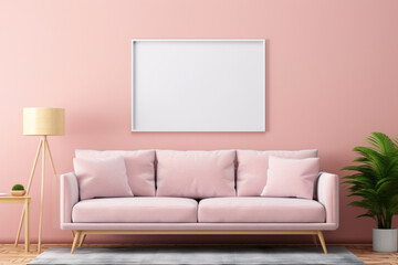 Poster mockup in modern minimalist living room interior with pink decor