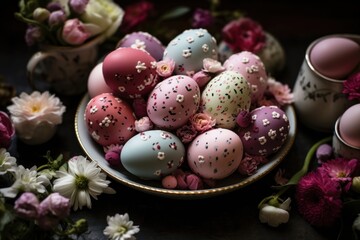 Obraz premium colorful egg white easter eggs in the style of romantic floral motifs, dotted, moody colors