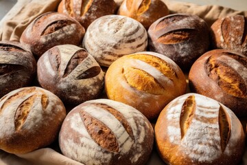 Freshly baked handmade sourdough bread with golden crust top view, bakery concept. Baker shop