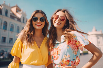 Summer style and fashion. Full-length portrait of two beautiful brunette girls in bright summer clothes and stylish sunglasses standing together on the city street and smiling. Summer vacation