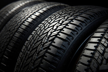 New car tires in a row in a car dealership