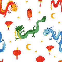 Seamless pattern with asian dragons and lanterns. Chinese lunar new year. Vector flat background
