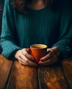 A woman in an emerald sweater holding cup of tea.