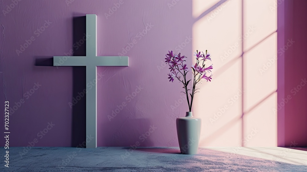 Poster  a vase with a flower in it next to a wall with a cross on it and a vase with a flower in it.