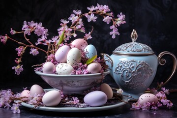 Obraz na płótnie Canvas Easter eggs, cherry and tulips blossom in vase, festive food setting morning breakfast 