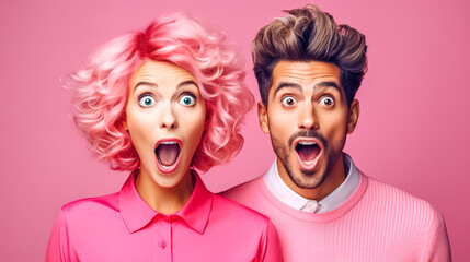 man and a woman with vibrant pink hair, both wearing pink tops and showing expressions of shock and amazement, against a matching pink background, creating a striking monochromatic image - obrazy, fototapety, plakaty