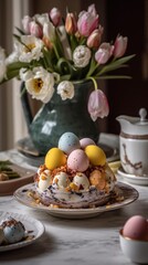 Easter eggs, cherry and tulips blossom in vase, festive food setting morning breakfast 