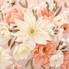 Floral patterns in white, peach, light pink, and light beige colors. Perfect for wallpapers or backgrounds.
