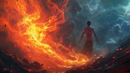 Woman in the fire. Illustration. Fantasy landscape with fire - obrazy, fototapety, plakaty