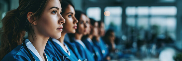 Candid shot of group of female nursing students excited about studying at college, medical colleagues at work, image with space for text. Created with Generative Ai technology.