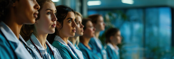 Candid shot of group of female nursing students excited about studying at college, medical colleagues at work, image with space for text. Created with Generative Ai technology. - obrazy, fototapety, plakaty