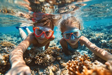 Underwater Joy: Kids Smiling in Blue Bliss - obrazy, fototapety, plakaty