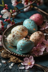 Naklejka na ściany i meble Artistic Easter Eggs with Floral Accents. Painted Easter eggs with delicate floral patterns on a dark background.