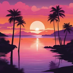 Foto op Canvas Generate serene coastal sunset: calm beach, waves, palm trees, warm hues. Convey peace as day transitions, capturing beauty in the coastal sunset. © DJulian420