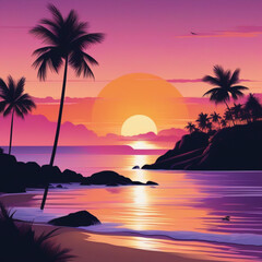Fototapeta na wymiar Generate serene coastal sunset: calm beach, waves, palm trees, warm hues. Convey peace as day transitions, capturing beauty in the coastal sunset.