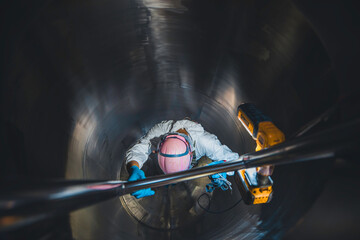 Top view male climbs up the stairs into the tank stainless chemical area confined space