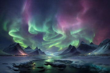 Aurora borealis in the arctic landscape. 3D rendering