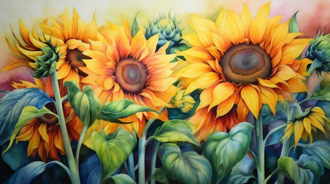 Field of watercolor sunflowers