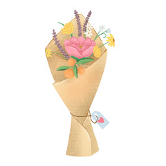 a bouquet of selected flowers wrapped with brown paper and a love card hanging.
