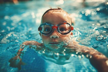 Naklejka premium the joy of a newborn baby wearing swimming glasses, exploring the underwater world with colorful aquatic elements