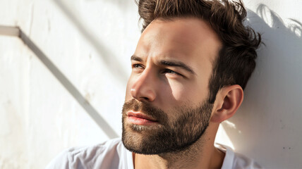 contemplative thoughtful male model masculine stubble beard and sunlight