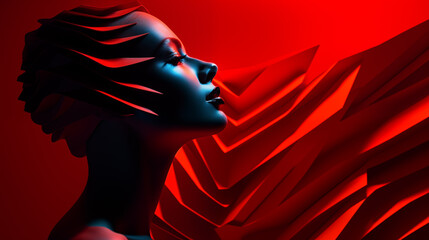 Sinnliches Portrait einer Frau mit geschlossenen Augen vor rotem geometrischen Hintergrund. Profil. Abstrakte Illustration - obrazy, fototapety, plakaty