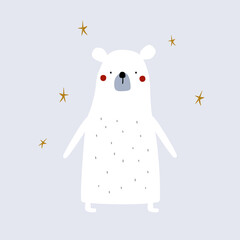 Cute polar bear and doodle stars. Cartoon childish print. Vector hand drawn illustration.