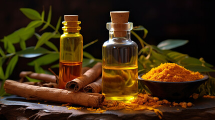 bottle, jar of essential oil extract turmeric