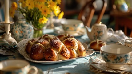 Easter breakfast table with hot cross buns, family dining room, festive spring celebration of Easter - obrazy, fototapety, plakaty