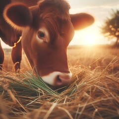 Brown cow eating grass in the field. Agriculture and farming concept.
