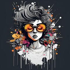 Girl with glasses Retro art style T-shirt print street