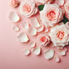 Light pink roses and petals on pink background with copy space, top view.