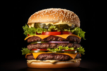 double cheeseburger isolated on wooden table, bun sesame, cucumbers, tomatoes