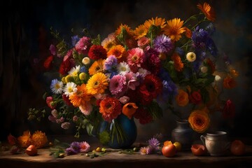 Fototapeta na wymiar Imagine a still life masterpiece featuring a bouquet of mixed flowers, where the vibrant colors and intricate details are brought
