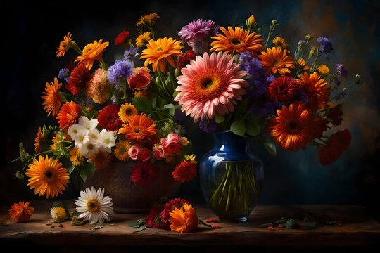 Imagine a still life masterpiece featuring a bouquet of mixed flowers, where the vibrant colors and intricate details are brought