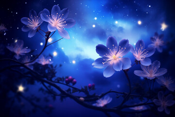 Fototapeta na wymiar flowers blue blossom on background night skies and abstract planet moon, space flower, unreal