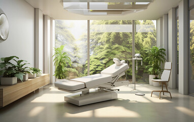 Futuristic chiropractor clinic room. Plants inside. Natural light, simple and minimalist