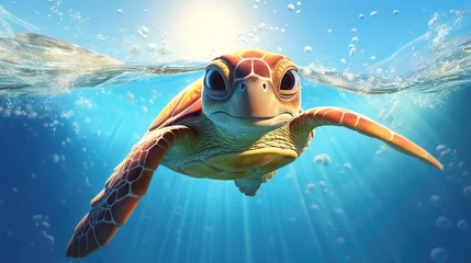 Poster Funny turtle over the surface of the water. Сartoon turtle in the sea © Elena
