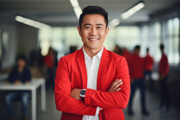 happy businessman ceo, asian man, standing in office arms crossed, in red jacket and white shirt, elegant