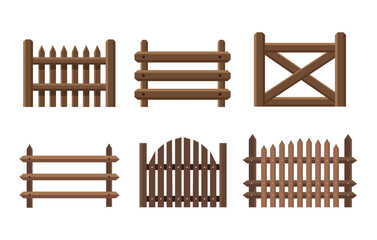 Set of different rural wooden fences isolated on white background. Vector stock