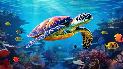 Large turtle at the bottom of the ocean with a coral reef in the background. Cartoon turtle surrounded by corals and colorful fish