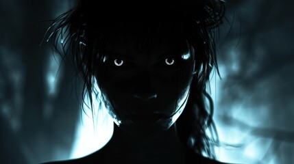 A Silhouette of a Lady with her Eyes Glowing in the Dark - Aggressive Emotional Misty Gothic Dark White and Dark Black Background - Gothic Woman Art Wallpaper created with Generative AI Technology - obrazy, fototapety, plakaty