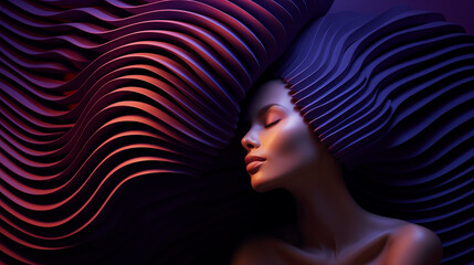 Sinnliches Portrait einer Frau mit roten und lila 3D-Wellen als Frisur. Profil. Abstrakte Illustration