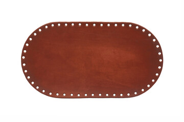 Brown leather belt strap closeup isolated on white. Stitched leather seam frame label tag isolated...