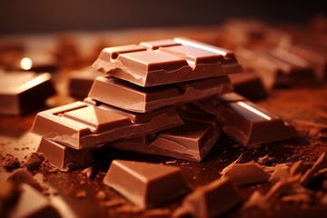 A heap of pieces of milk chocolate with chocolate crumb on the blurred background - obrazy, fototapety, plakaty