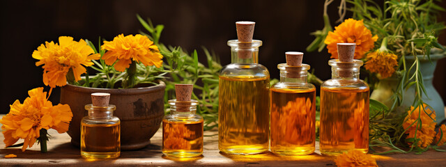 Obraz na płótnie Canvas bottle, jar with marigold essential oil extract