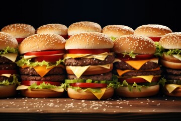 3D rendering of three delicious cheeseburgers