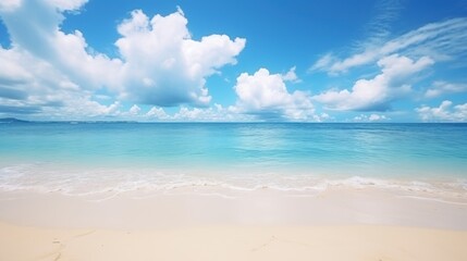 Background of tropical beach and blue sea and blurred sky, white clouds with sunlight angel.